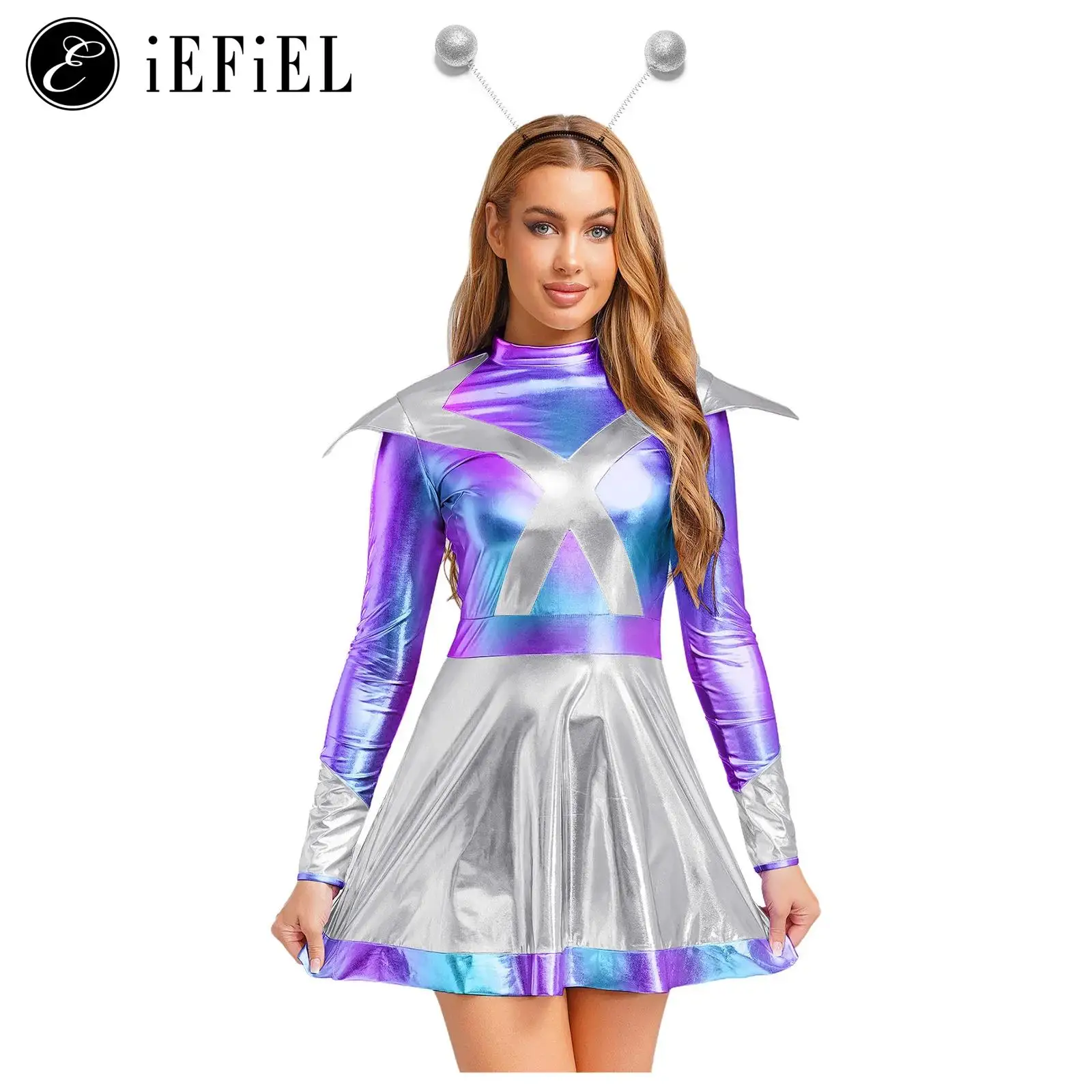 

Womens Halloween Alien Astronaut Cosplay Costume Long Sleeve Metallic Shiny A-line Dress And Headwear Outerspace Party Dress Up