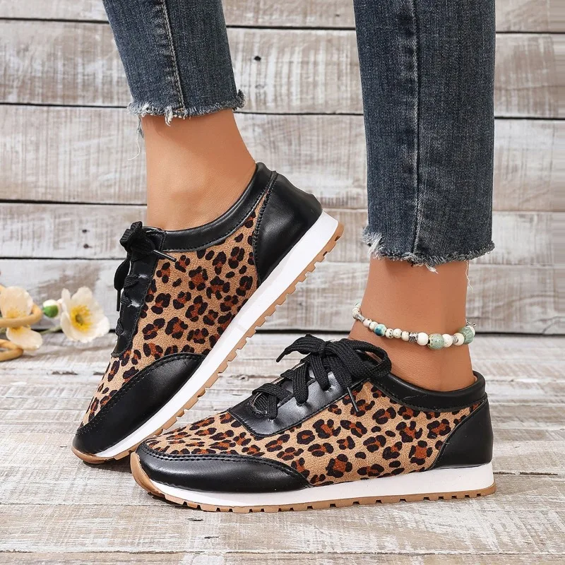 Zapatos vulcanizados con cordones para mujer, calzado informal con estampado de leopardo, colores mezclados, cómodos para caminar, gran oferta, Otoño, 2024