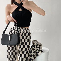 Spring Summer New Vintage Plaid Pleated Straight Pants Elastic Waist Drawstring Wide Leg Trousers Fashion Casual Women Clothing