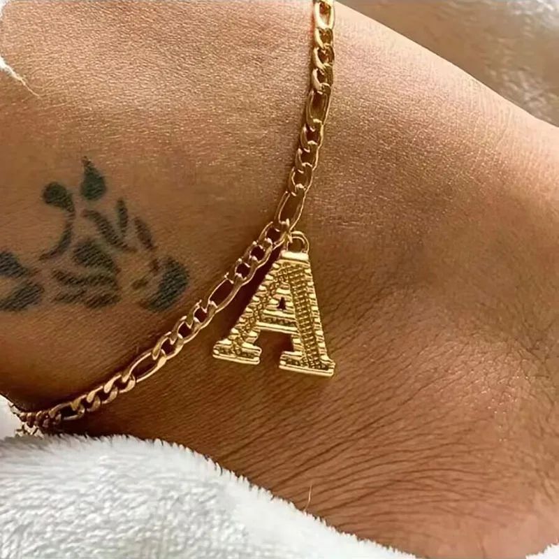 Tobillera de cadena cubana con colgante de 26 letras iniciales Vintage, pulseras de tobillo de pierna chapadas en oro para mujer