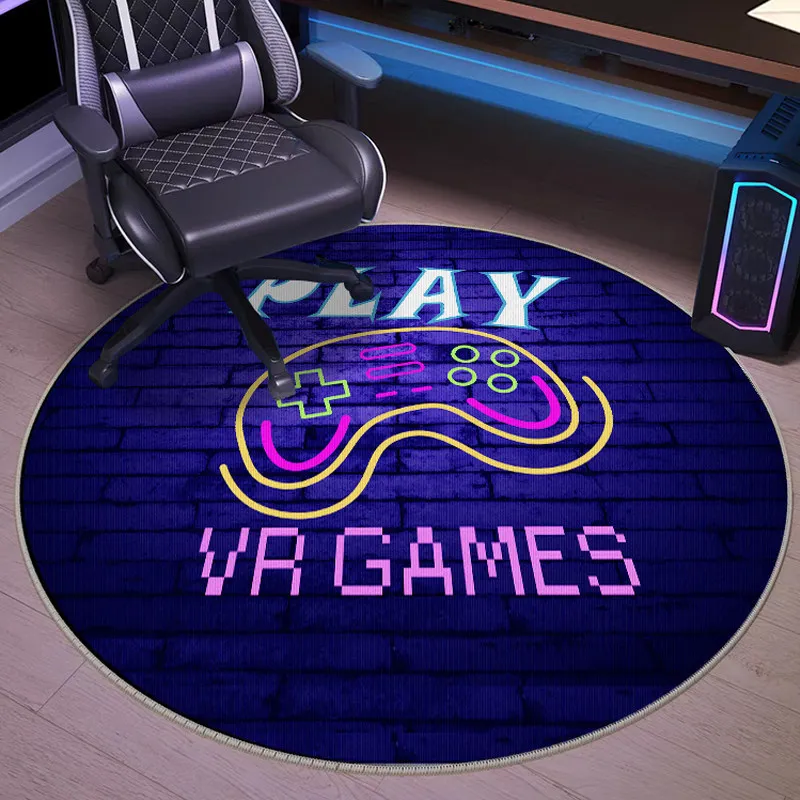 Neon Game Controller Typography Round Rug Cyberpunk Brick Wall Print Floor Carpet