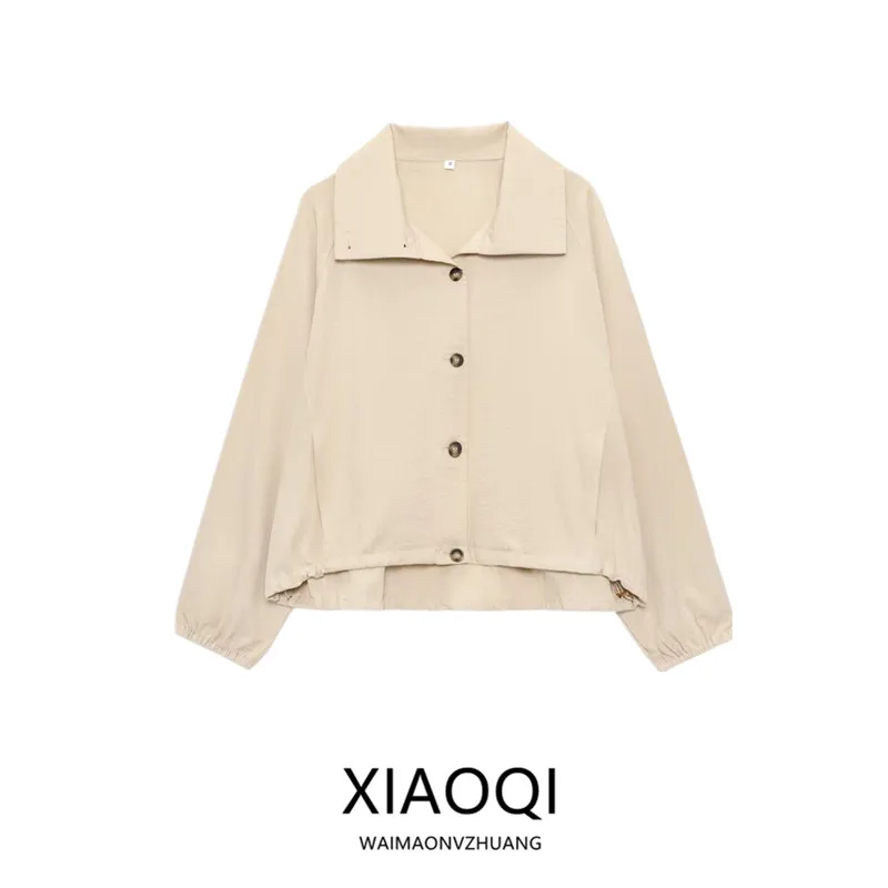

Autumn 2025 Women's Lightweight Silken Pilot Jaet ort Outerwear Breathable Long Sve Flip Collar Pure Color Faion Com...