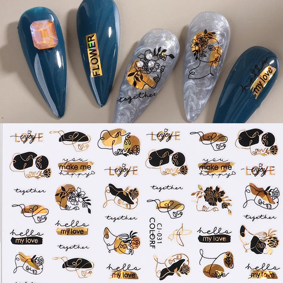 Folhas de ouro 3D Nail Sticker Holo Laser Flor Preta Forro Geométrico Nail Art JICJ028-036