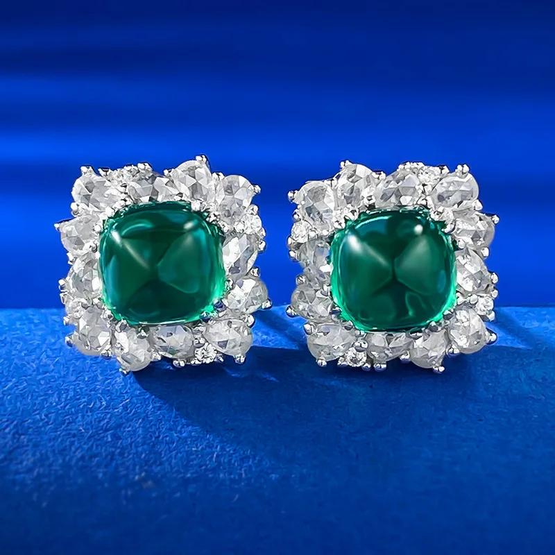 New Fat Square Plain Noodle Flat Bottom Sugar Tower Emerald 7 * 7mm Retro Niche Earrings Female Zircon Ears