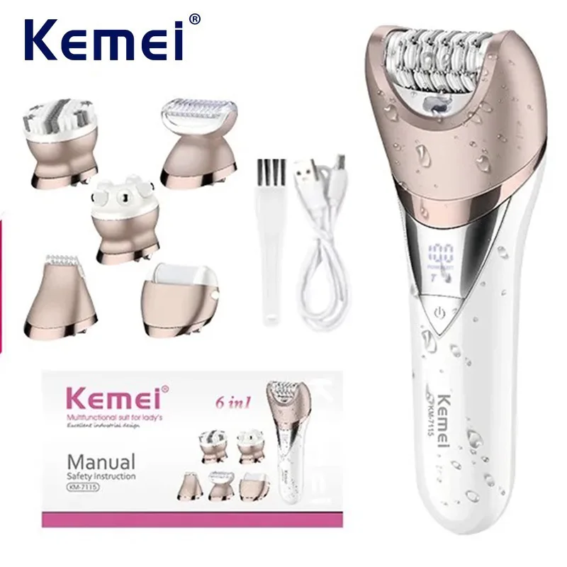 Kemei 6 in 1 Epilator Pubic Hair Removal Shaver for Women Bikini Armpit Hair Trimmer Pedicure Electric Razors Body Exfoliator