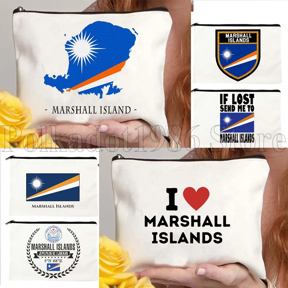 Bandera de las Islas Marshall, corazón, mapa, emblema, regalos patrióticos marshalleses, lona, lápiz labial de viaje, bolsa de maquillaje, estuche para lápices