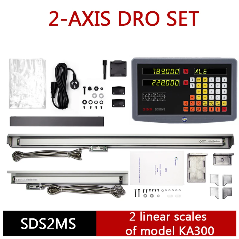 SINO 2 Axis Lathe SDS2MS Dro Set Digital Readout and 2PCS Linear Glass Scales Encoder Sensor 5U TTL 70MM to 1020MM YHSINO