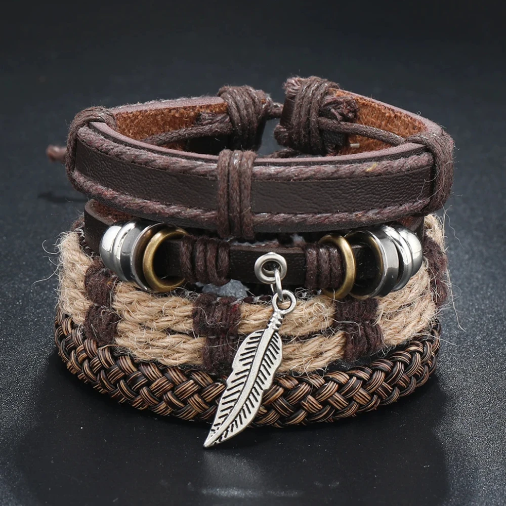 Leaf Pendant Bohemia Leather Bracelets for Men Women Ethnic Braid Rope Hand Woven Bracelet Drawstring Bracelet Beads Jewelry