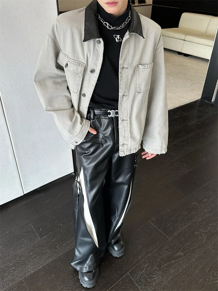 

Мужская джинсовая куртка в американском ретро-стиле, повседневная, с множеством карманов, с кожаным воротником, силуэт рабочей одежды