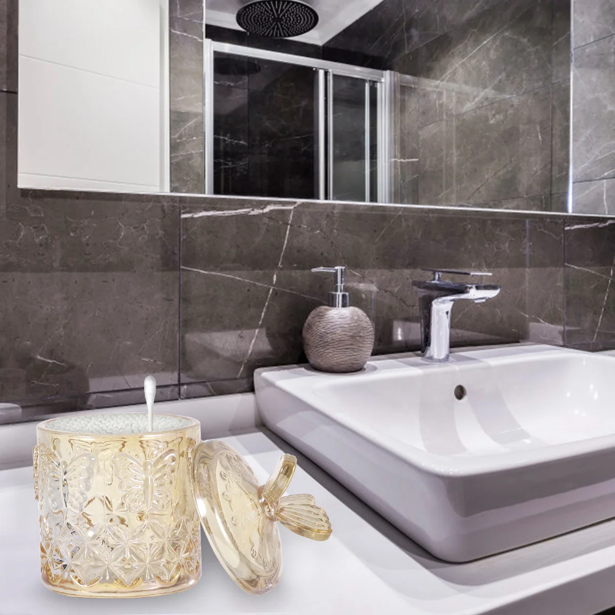 

1Pcs Durable Glass Swab Storage Holder Clear Canisters for Cosmetics Pens Cotton Balls Desk Tidy Organizer Khaki