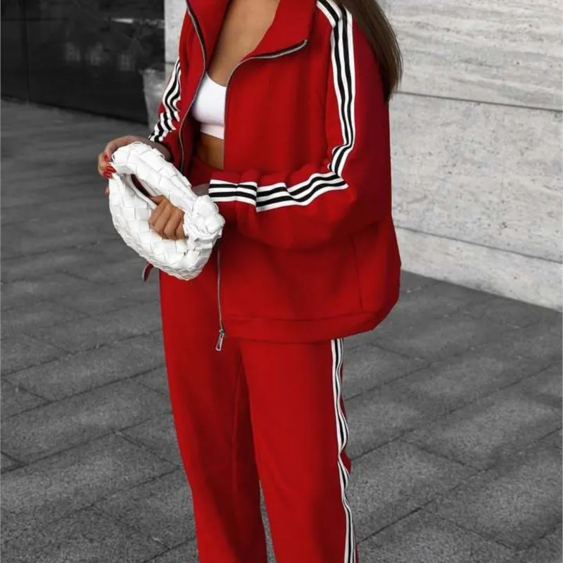 

2025 Women's Athleisure Oversized Color-Blocked Striped Hooded Jacket & Wide Leg Pants Two-Piece Set Trendy Active Lounge Outfit