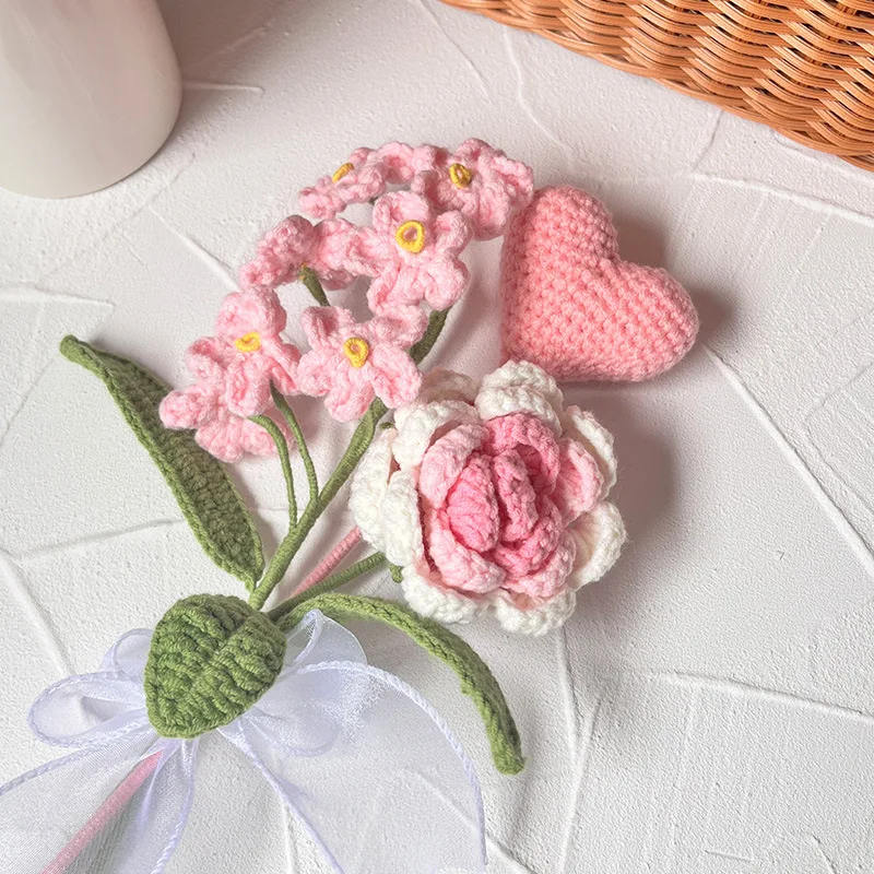 

Homemade Mother Day Gift Hand-knitted Tulip Rose Crochet Flowers Artificial Flower Bouquet Desktop Decor Birthday Wedding Gift