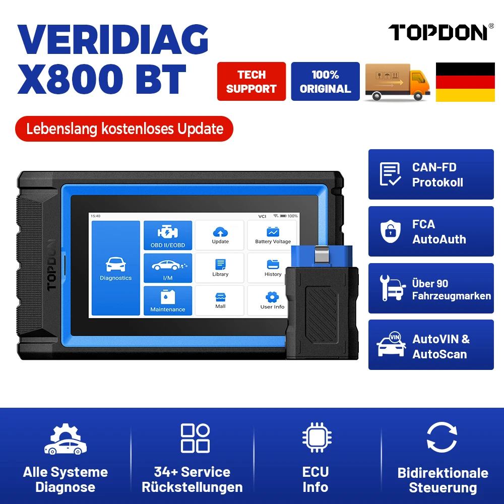VeriDiag X800BT Bluetooth OBD2 Scanner, Komplettes Fahrzeugdiagnosetool für alle Systeme, Lebenslange Unbegrenzte Kostenlose Software-Updates für alle Automodelle