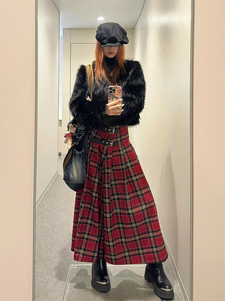 Falda a cuadros por debajo de la rodilla Vintage para mujer, Coqueta con abertura Gyaru, diseño Preppy de los años 2000, Sexy, Grunge, Cyber Punk