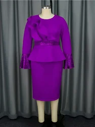 Church Dresses for Women Elegant Ruffles Long Flare Sleeves Sequined Party Bodycon Peplum Classy Occasion African Wedding Guest