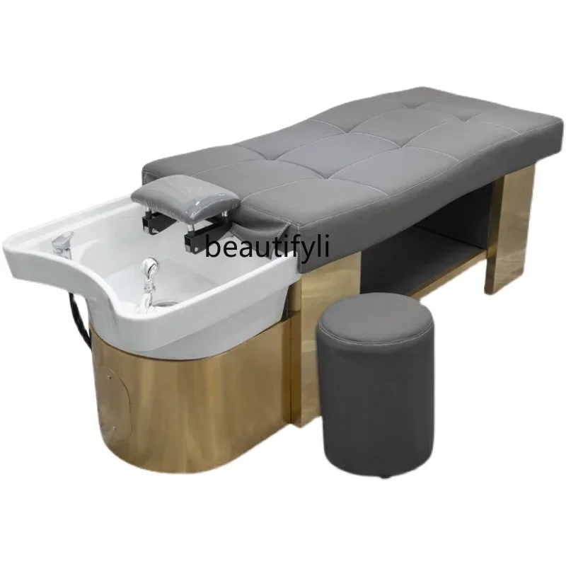 

z1Stainless Steel Shampoo Chair Hair Saloon Dedicated Ceramic Basin Massage Couch Hairdressing Flushing Bed