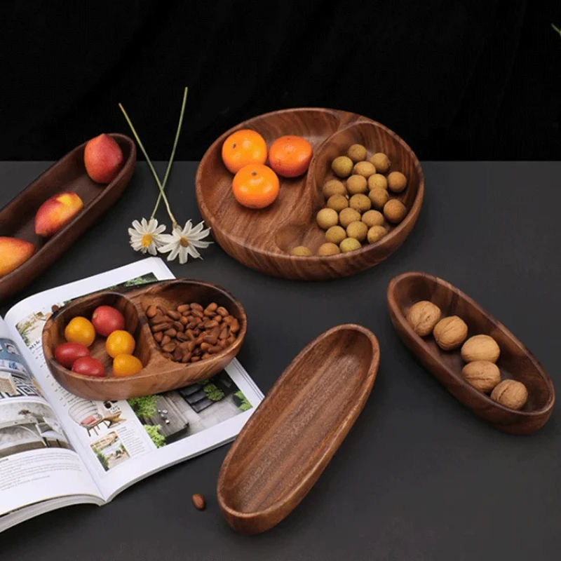 

Walnut Double Fruit Tray Solid Wood Dried Fruit Holder Acacia Wood Melon Seed Box Household Storage Tray Functional Kitchen