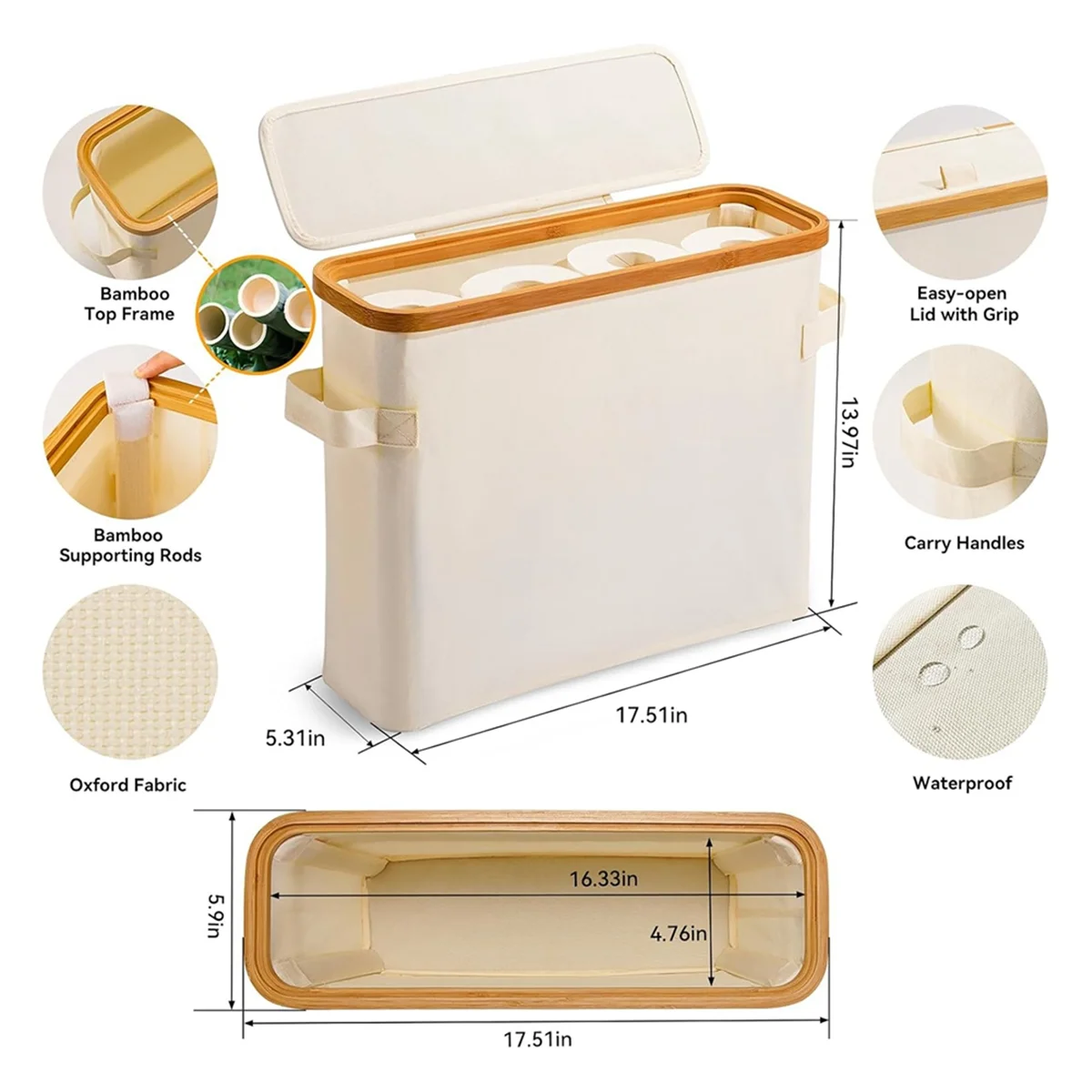 Бамбуковая подставка для туалетной бумаги с бамбуковой крышкой для туалетной бумаги, шкафа, ванной комнаты, кремово-белый