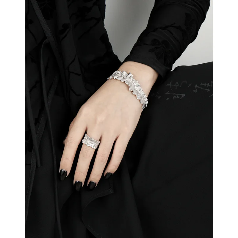 F.I.N.S Original Korean Style S925 Sterling Silver Ring Texture Irregular Hemline Zircon Wide Finger Women Fine Jewelry Gifts