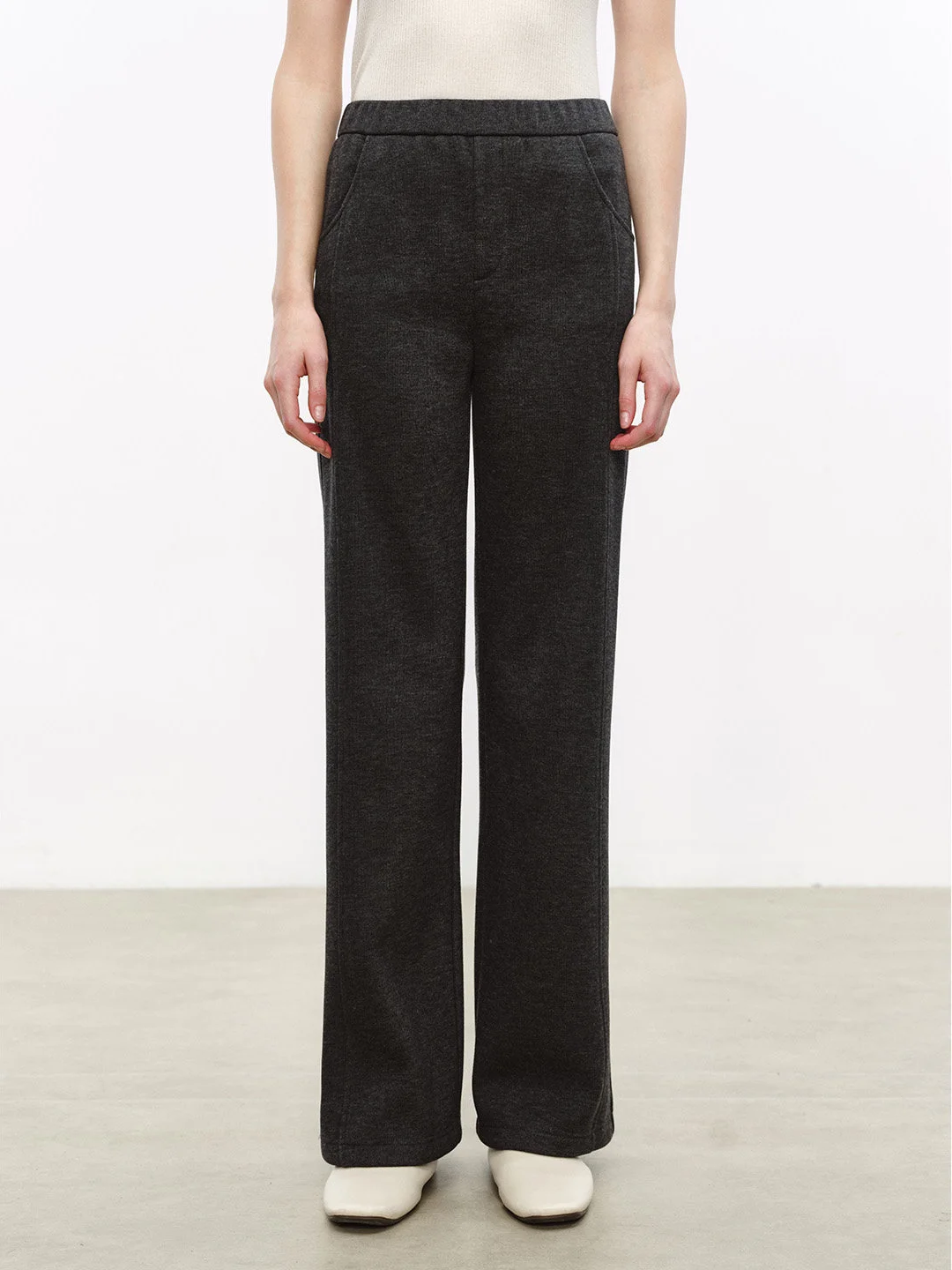 

High Waist Fce Lined Straight Leg Casual Pants Women's Warm Slimming Bla Long Trousers mat Sle Polyester Fiber