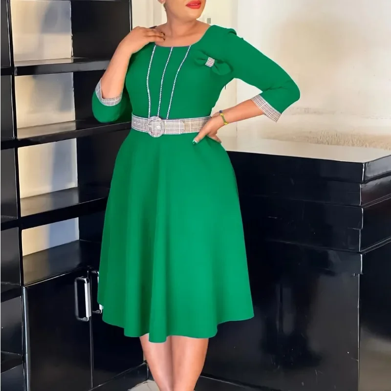 

Elegant A Line Midi Patchwork Dresses For Women O Neck Three Quarter Sleeves Pleated Waist Belt Bow Classy Office Church Outfit