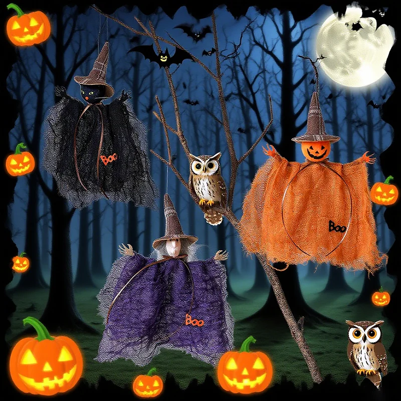

Halloween Hanging Decorations Mesh Pumpkin Ghost Witch Figurines Ornament for Christmas Tree Scary Accessories Party Supplies