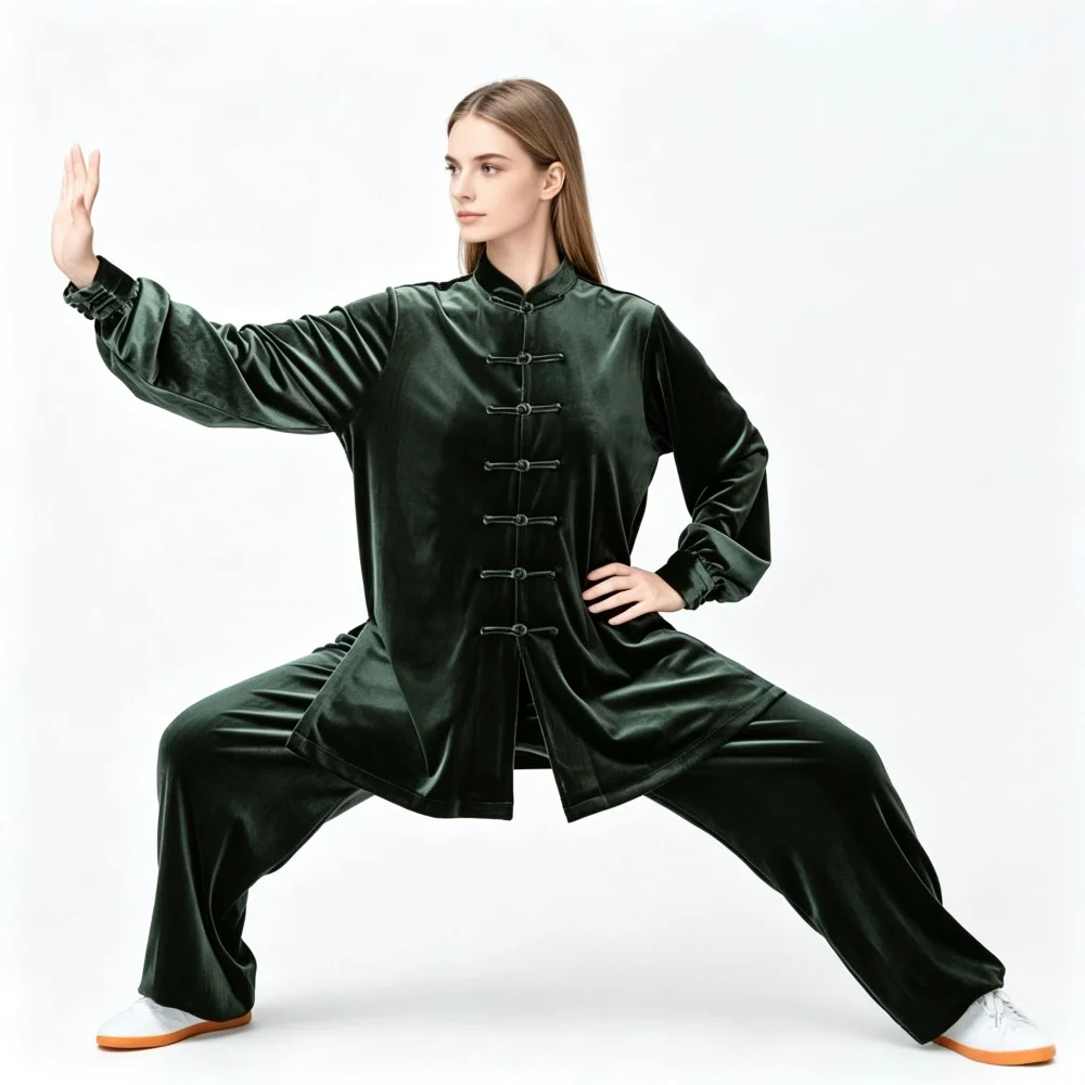 CLYFAN Autumn Winter Warm Korean Velvet Tai Chi Clothing Set Mandarin Collar Kung Fu Wushu Uniform For Men Women