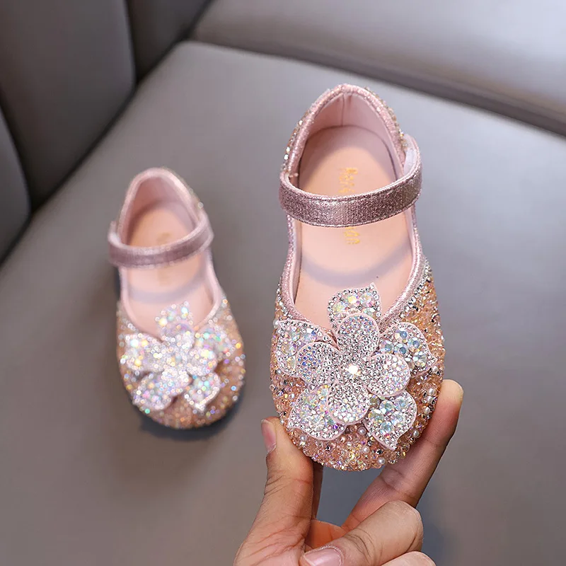 Autumn Girls Sequins Bow Leather Shoes Children Wedding Sandals Kids Crystal Single Princess Shoes J389