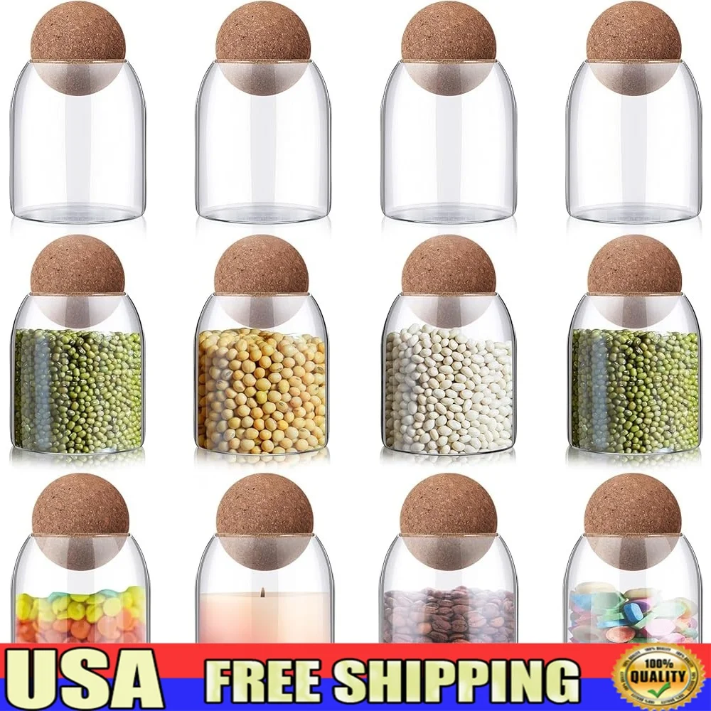 

12 Pack Glass Storage Jars with Cork Ball Lid Airtight Containers Food Candy Coffee Beans Kitchen Organization