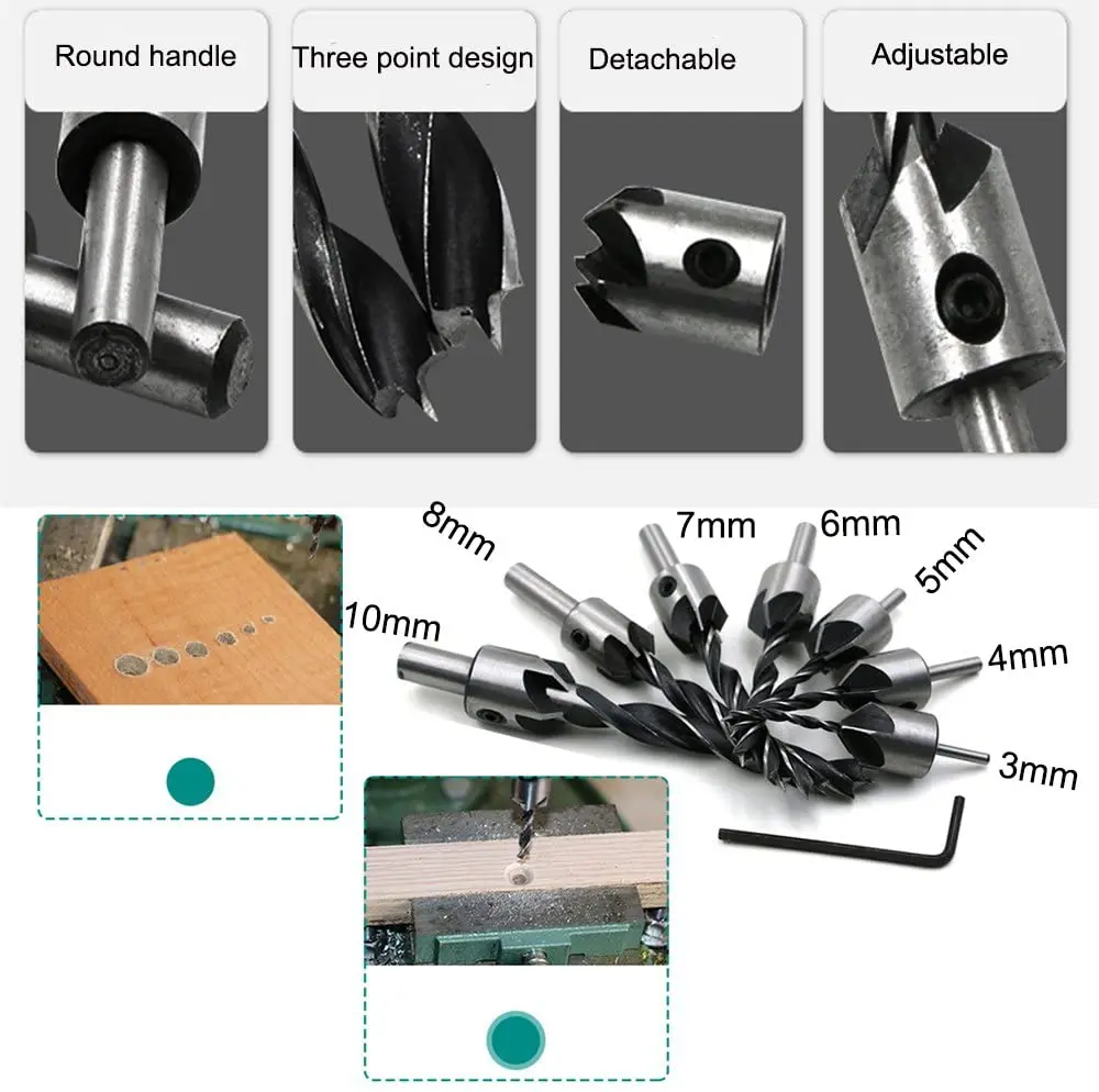 8PCS Wood Plug cutter,6pcs 1/4" Hex 5 Flute 90 Degree Countersink Drill Bits,7pcs Three Pointed Countersink Drill Bit with L-wre