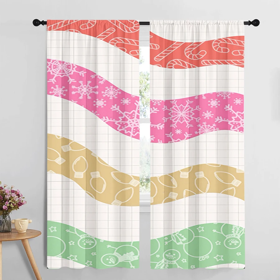 2PCS Digital Print Christmas Curtains, Colorful Wave Candy Cane Snowman, Pop Art Playful Window Drapes for Holiday Home Decor