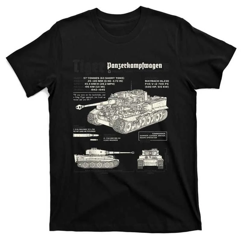 German Tiger Tank Panzer World War 2 Blueprint Men T-Shirt Short Casual 100% Cotton Shirts O-Neck Harajuku Mens Clothing