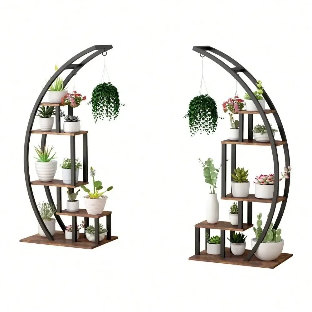 

Plant Stand Indoor Outdoor,5 Tier Tall Metal Plant Stand For Multiple Plants Pots,Half Moon Shape Garden Plant Holder With 4 Ha