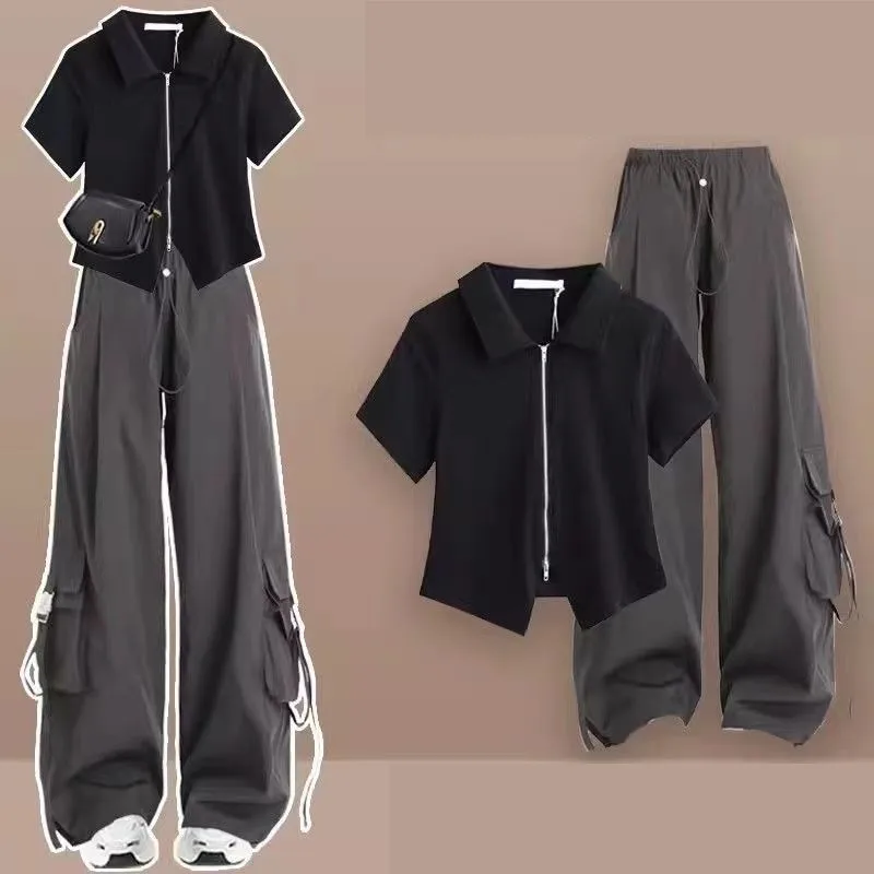 Girl Summer New Sportswear Matching Set Korean Elegant Short Sleeved Top+loose Cargo Pants Two-piece Women Casual Tracksuit Suit