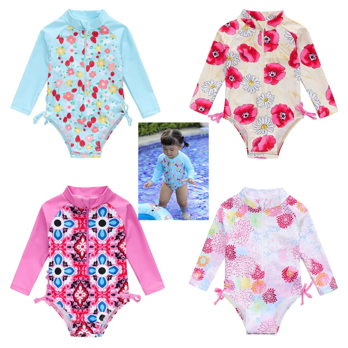 

2022 Summer Toddler Baby Girl Swimsuit Cute Long Sleeve Infant One-piece Floral Newborn Baby Swimwear Swimming Costume Bikini