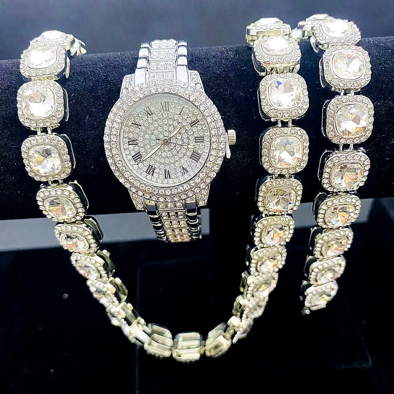 3PCS Iced Out Watch for women Bracelet Necklaces for Men Gold Watch Chain Bling Bling Jewelry for Men Simple Watches reloj mujer