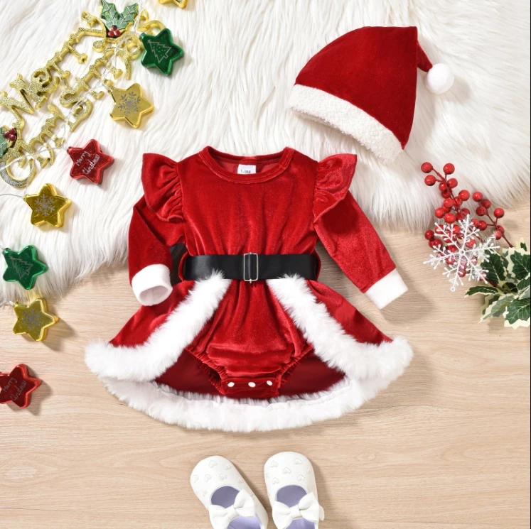 

Winter Baby Girls Xmas Velvet Romper Dress Terry Trim Long Sleeve Santa Jumpsuit Christmas Hat Adorable Outfits Costume