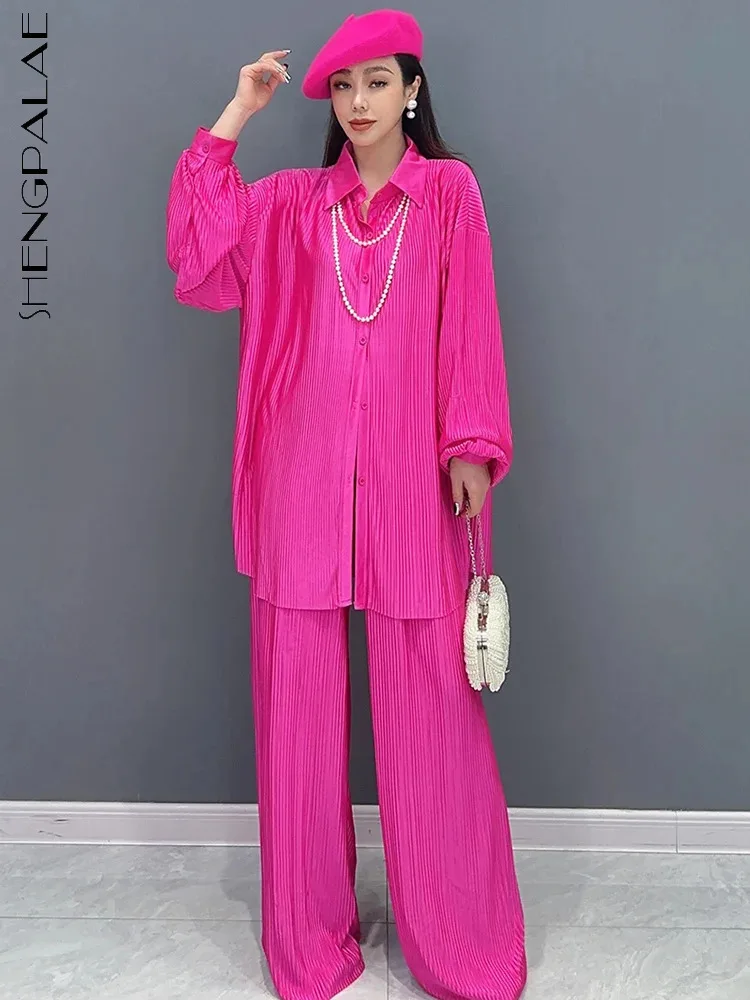 

SHENGPALAE 2024 Spring New Set Pleated High Elastic Solid Color Long Sleeved Shirt Wide Legged Pants Elegant 2 Piece Set 5R9602