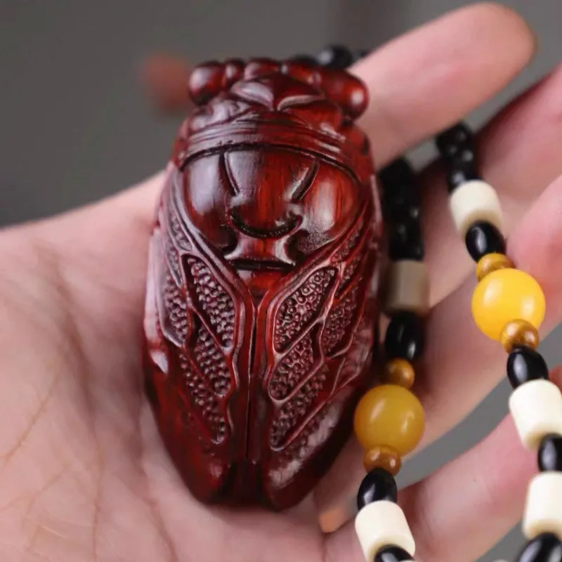 Hand-Carved Rosewood Cicada Pendant - 3x1.6x1.2