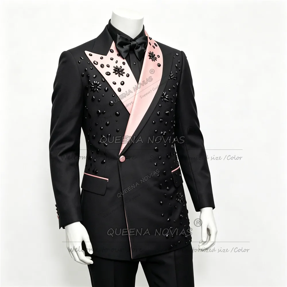 Elegant Weddinng Suits For Man Exclusive Design Pink Label Prom Blazers Pants 2 Pieces Sets Jewelry Stones Groom Tuxedos Attire