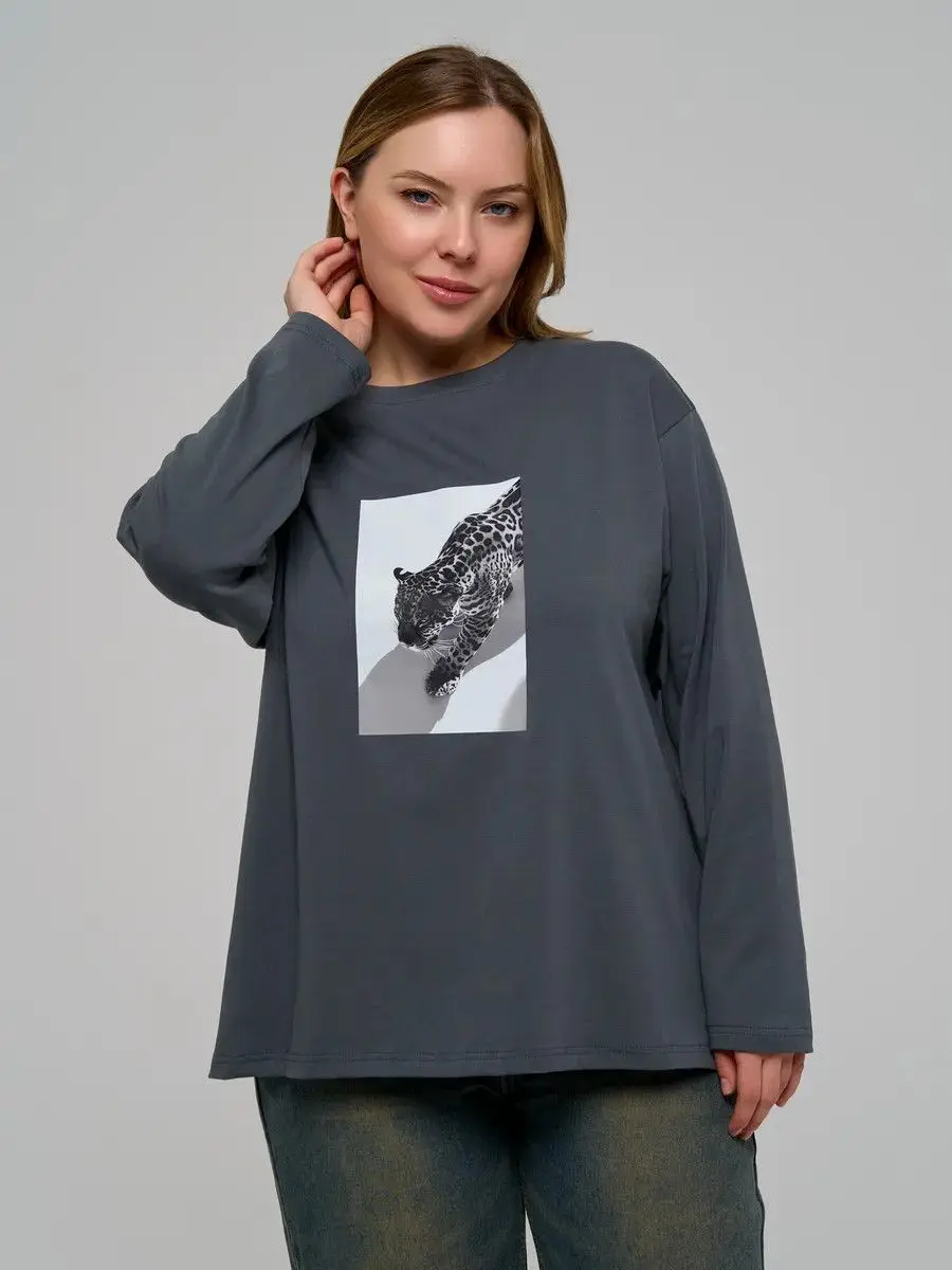 Leopard Design Unique Pattern Tops Gray 100% Cotton Large Size Autumn Long Sleeve Thin Sweatshirts Basic Tees Temperament Women