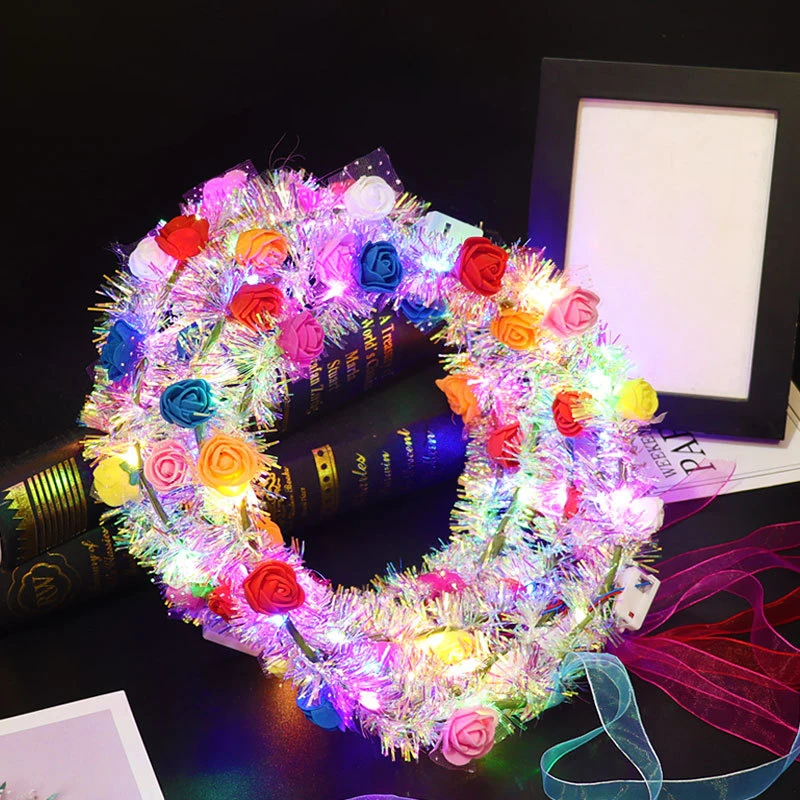 LED Flower Crown Fairy 14-LED Light Up Hair Wreath Party Floral Headpiece Hair Band Birthday Wedding Luminous Headband Christmas