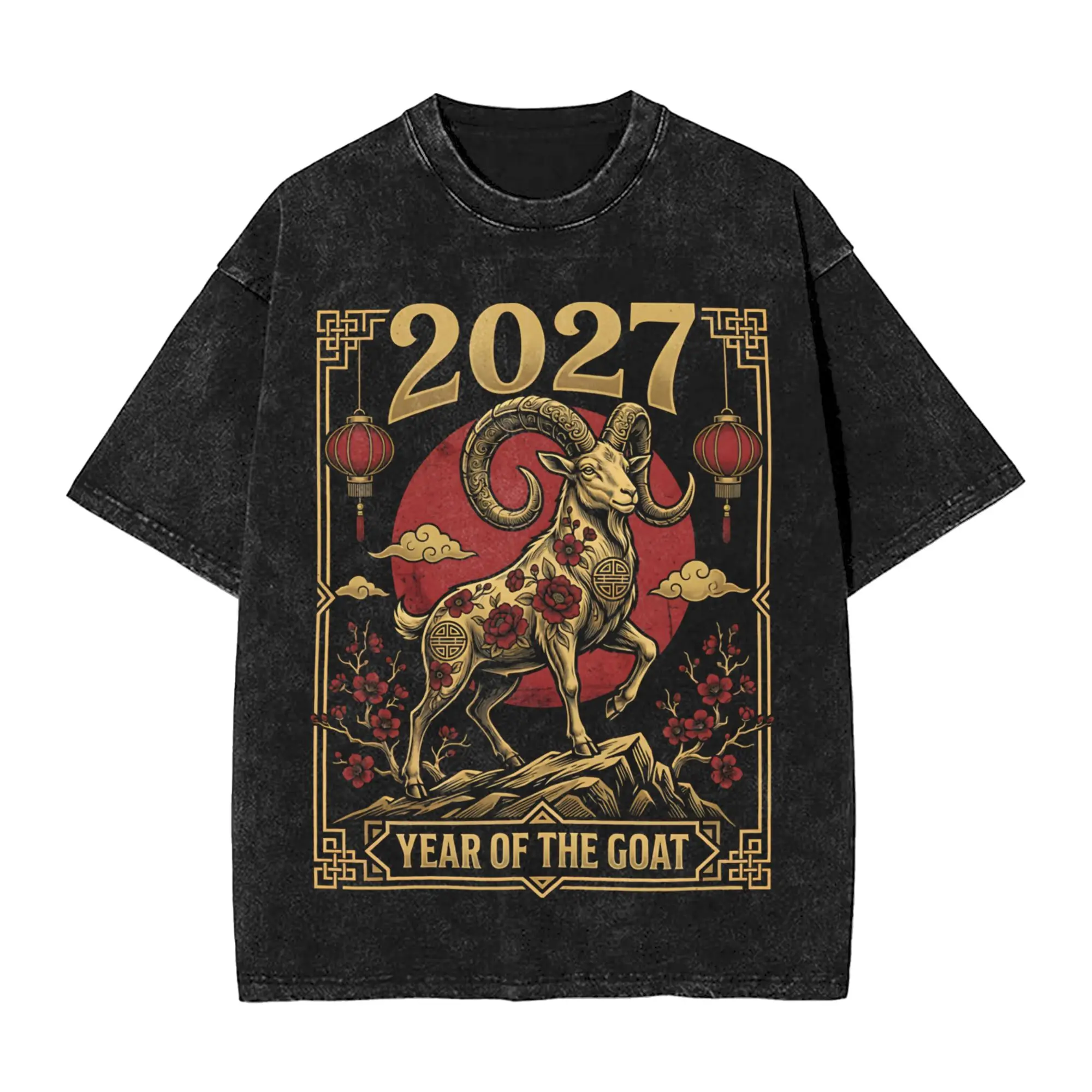 Chinese New Year 2027 years of sheep goat Washed T Shirt Streetwear Hip Hop Vintage T-Shirts  Tee Shirt for Men Women