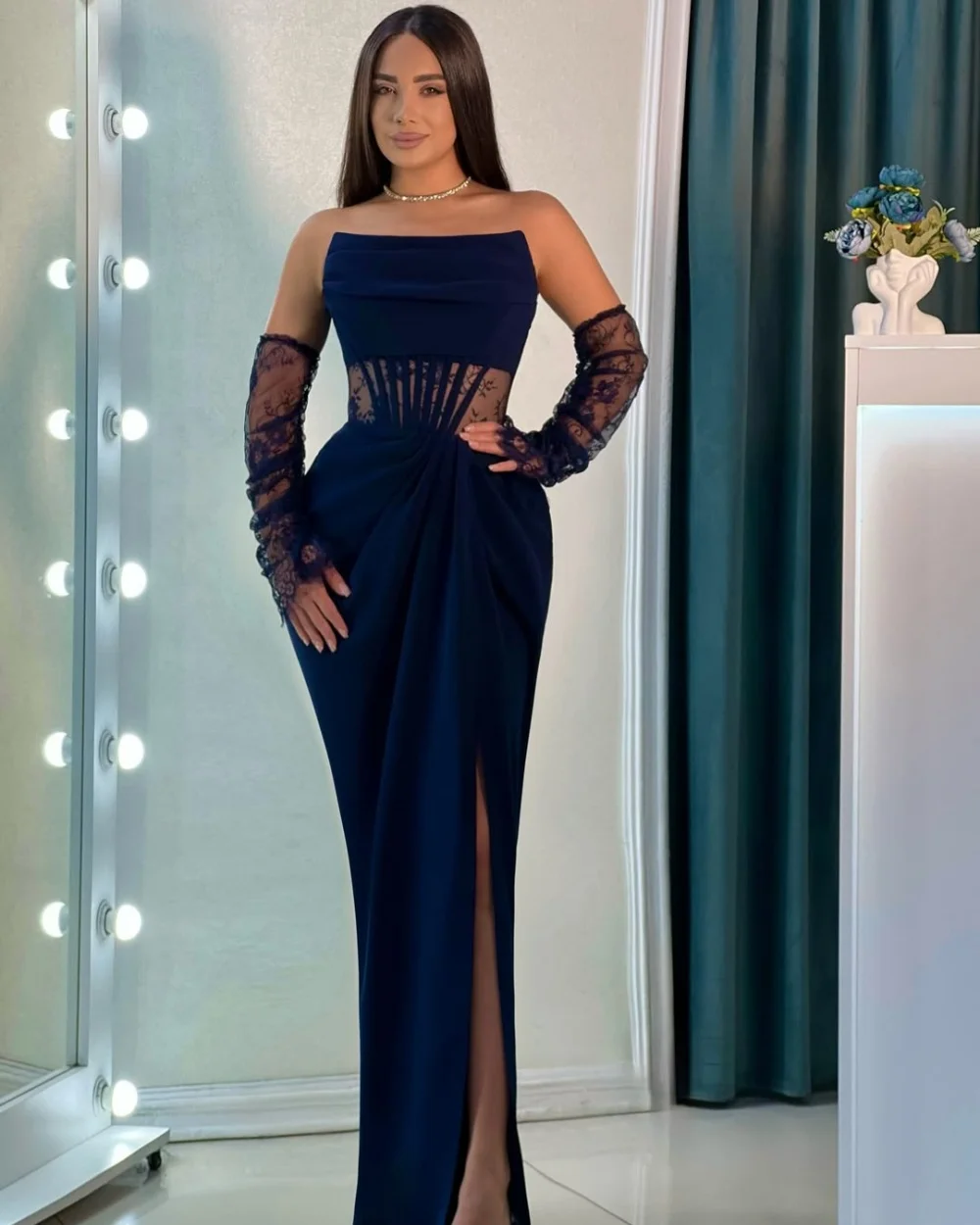 

Customized Modern Style Elegant Jersey Lace Pleat Mermaid Strapless Long Dresses Bespoke Occasion Dresses Sizes Available Retro