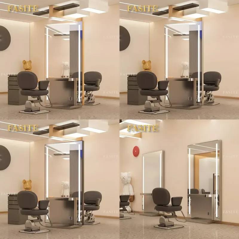 For Hair Wall Mounted Double Sided Mirror Table Barber Shop Styling Station Perm Mirror Furniture with Storage Shelf