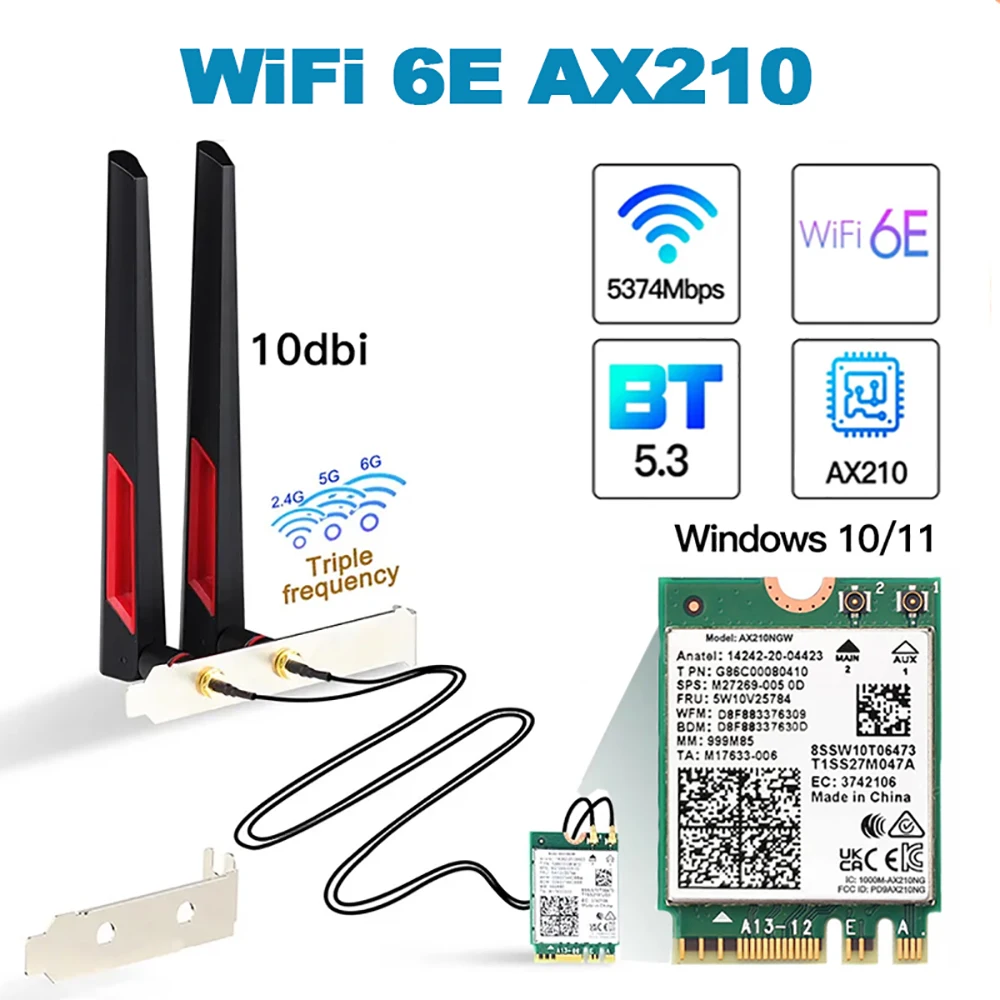 Wi-Fi 6E For AX210 Card Bluetooth 5.3 WiFi 6 Adapter 5374Mbps 2 In 1 Desktop Kit 10DBi Antenna 802.11ax 2.4G/5Ghz/6Ghz  For PC