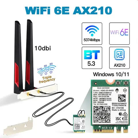Bilashmart Wi-Fi 6E AX210 WiFi Card 5374Mbps Bluetooth 5.3 Adapter For Intel AX210NGW 802.11ax 2.4G/5Ghz/6Ghz 10DBi Antennas For PC