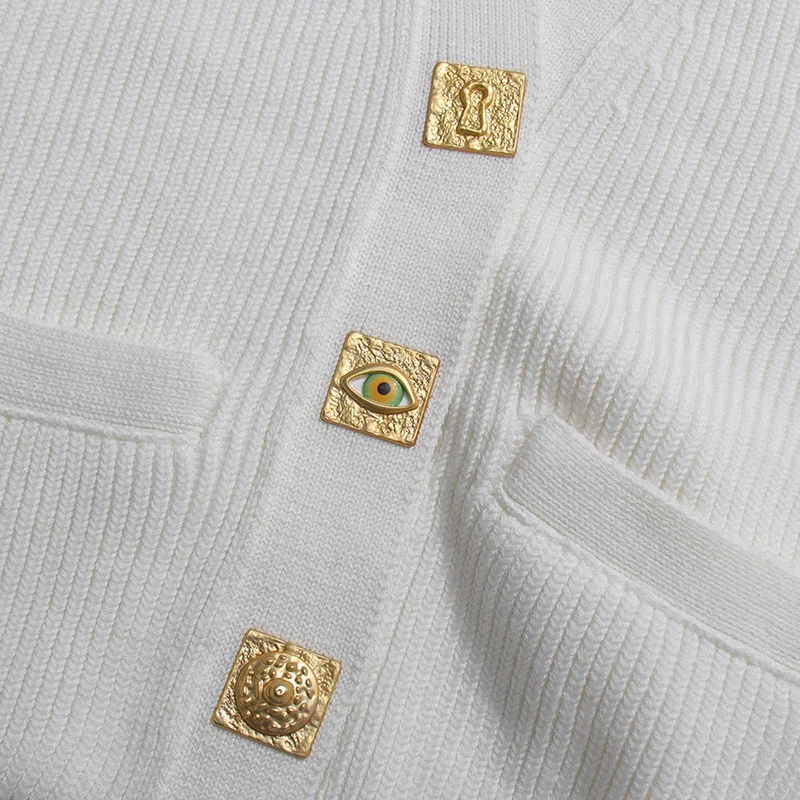 Mode patchwork metalen knop gebreide trui voor dames effen v-hals lange mouwen elegante vest met enkele rij knopen bovenkleding