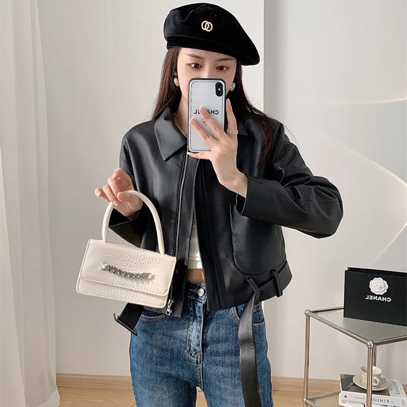 Sheepskin Leather Women's 2021 Autumn and Winter New Short Double Pockets Waistband Slim Lapel Motorcycle Genuine Leather Jacket