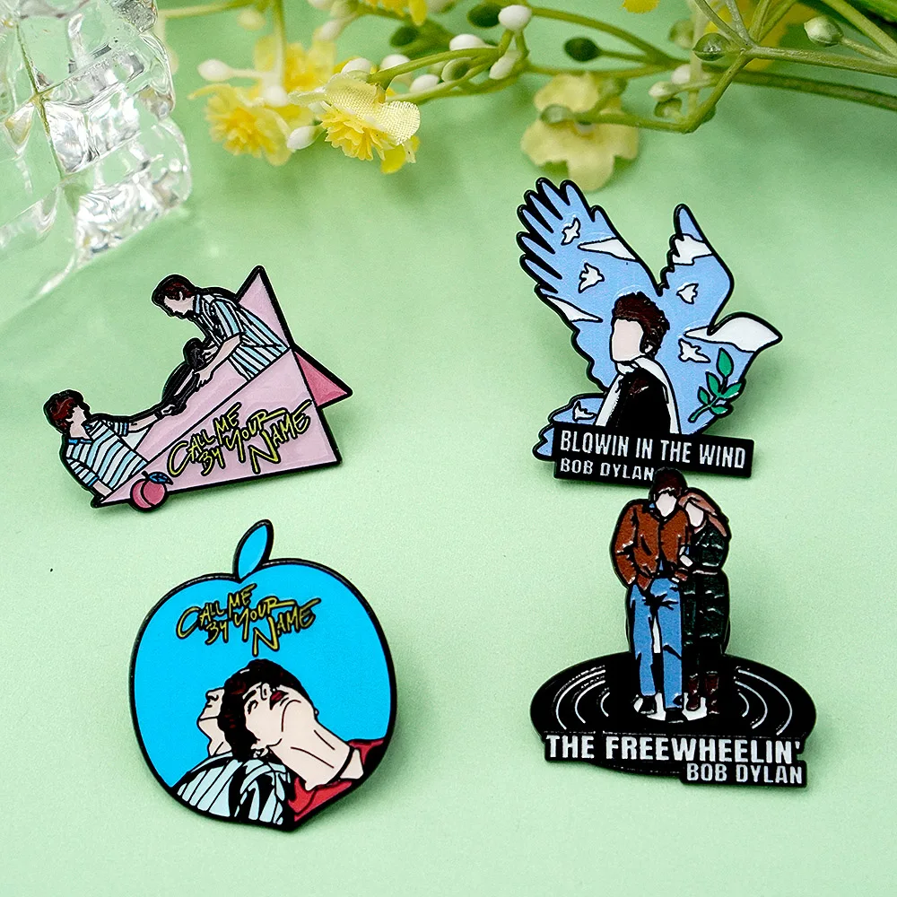 4Pcs Rock Band Enamel Pins Music Singer Brooch Badge Bob Dylan  Blowin' in the Wind Lapel Badges Jewelry CMBYN Fans Gifts
